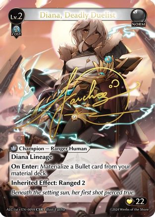 Diana, Deadly Duelist (CSR) (009A) (ALC1E) (ALCHEMICAL REVOLUTION) Foil - Premium Grand Archive Single from Alchemical Revolution - Just $1330.68! Shop now at Game Crave Tournament Store