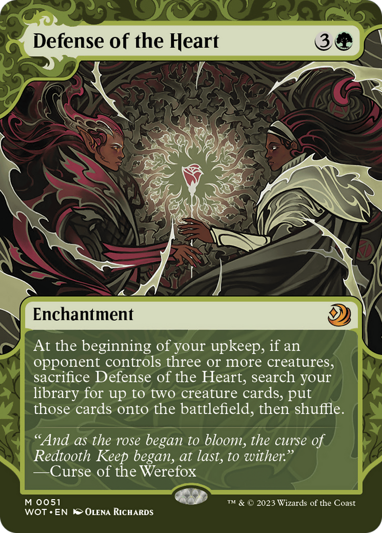 Defense of the Heart (WOT-051) - Wilds of Eldraine: Enchanting Tales: (Showcase) (Borderless) Foil - Premium MTG Single from Wizards of the Coast - Just $5.34! Shop now at Game Crave Tournament Store