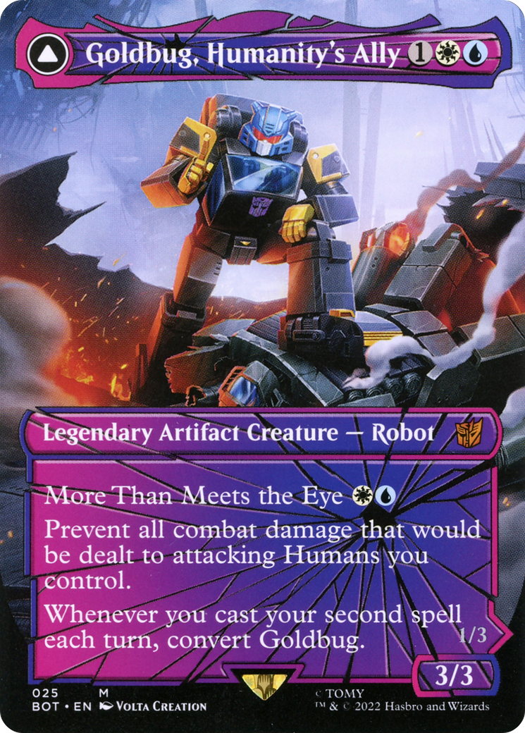 Goldbug, Humanity's Ally // Goldbug, Scrappy Scout (BOT-025) - Transformers: (shatteredglass, convertdfc) (Borderless) - Premium MTG Single from Wizards of the Coast - Just $1.51! Shop now at Game Crave Tournament Store