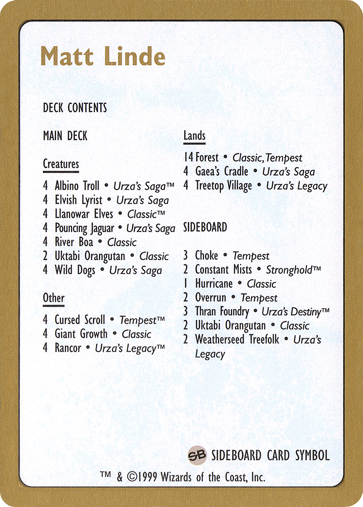 Matt Linde Decklist (WC99-ML0B) - World Championship Decks 1999 - Premium MTG Single from Wizards of the Coast - Just $0.67! Shop now at Game Crave Tournament Store