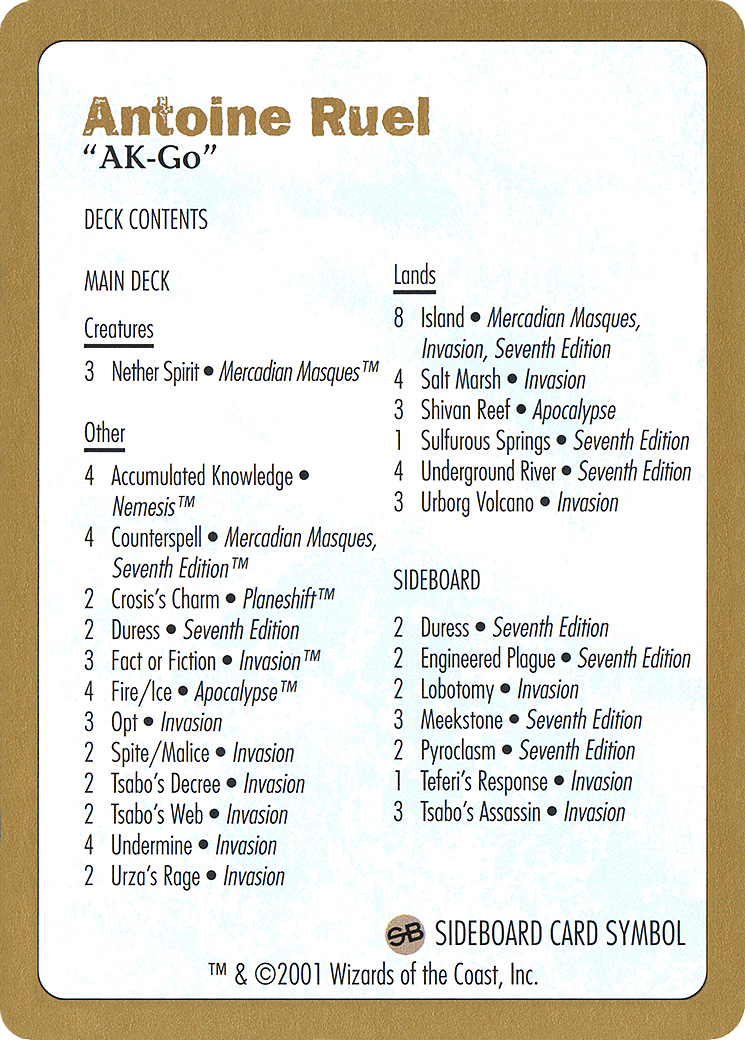 Antoine Ruel Decklist (WC01-AR0B) - World Championship Decks 2001 - Premium MTG Single from Wizards of the Coast - Just $0! Shop now at Game Crave Tournament Store