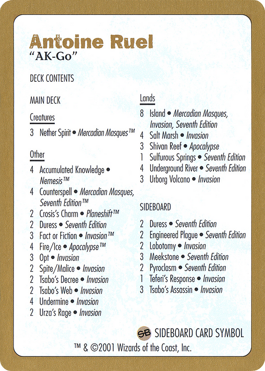 Antoine Ruel Decklist (WC01-AR0B) - World Championship Decks 2001 - Premium MTG Single from Wizards of the Coast - Just $0! Shop now at Game Crave Tournament Store
