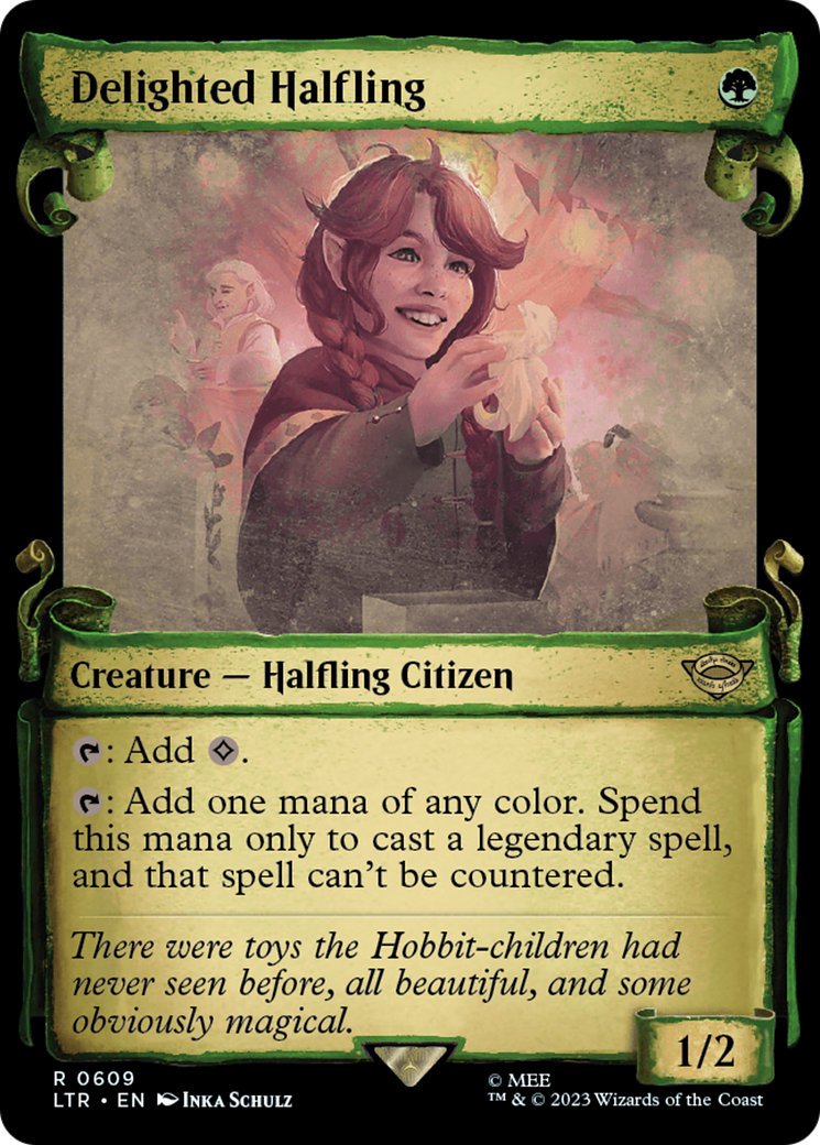 Delighted Halfling (LTR-609) - The Lord of the Rings: Tales of Middle-earth: (Showcase) - Premium MTG Single from Wizards of the Coast - Just $24.50! Shop now at Game Crave Tournament Store