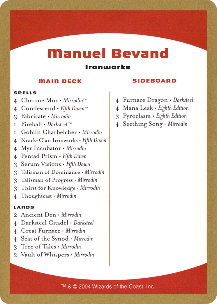 Manuel Bevand Decklist (WC04-MB0B) - World Championship Decks 2004 - Premium MTG Single from Wizards of the Coast - Just $0.95! Shop now at Game Crave Tournament Store