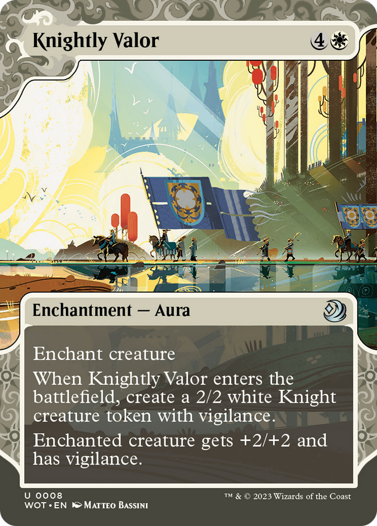 Knightly Valor (WOT-008) - Wilds of Eldraine: Enchanting Tales: (Showcase) (Borderless) - Premium MTG Single from Wizards of the Coast - Just $0.25! Shop now at Game Crave Tournament Store