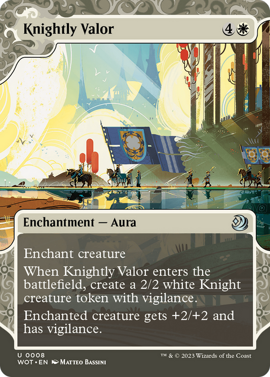 Knightly Valor (WOT-008) - Wilds of Eldraine: Enchanting Tales: (Showcase) (Borderless) - Premium MTG Single from Wizards of the Coast - Just $0.25! Shop now at Game Crave Tournament Store