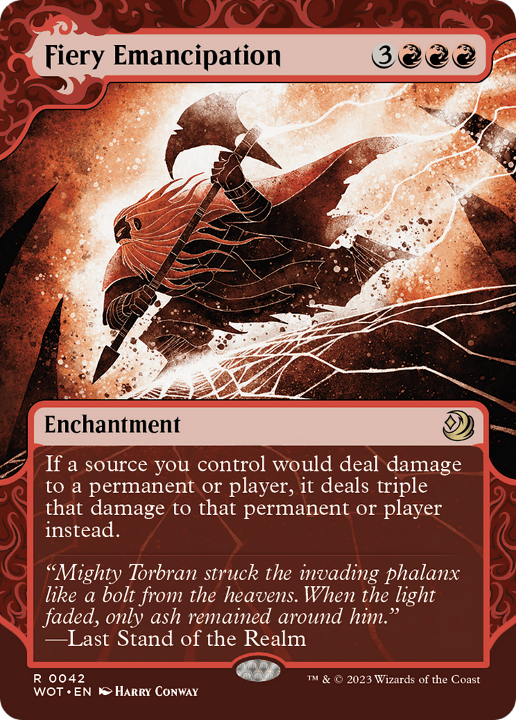 Fiery Emancipation (WOT-042) - Wilds of Eldraine: Enchanting Tales: (Showcase) (Borderless) Foil - Premium MTG Single from Wizards of the Coast - Just $2.14! Shop now at Game Crave Tournament Store