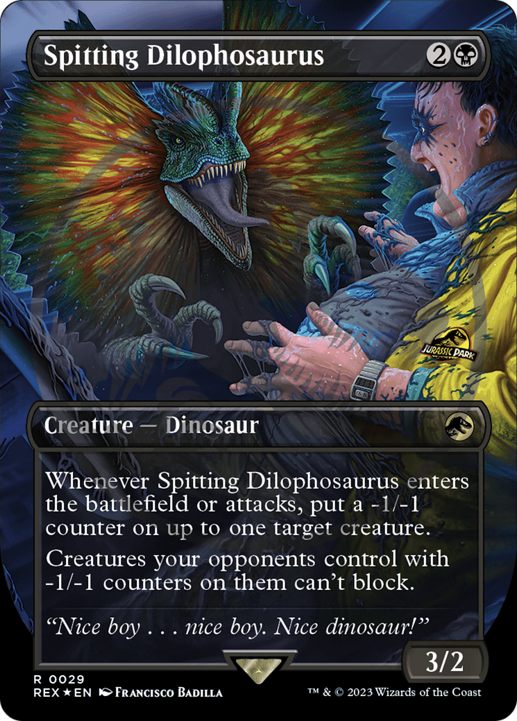 Spitting Dilophosaurus (REX-029) - Jurassic World Collection (Borderless) Foil - Premium MTG Single from Wizards of the Coast - Just $22.60! Shop now at Game Crave Tournament Store