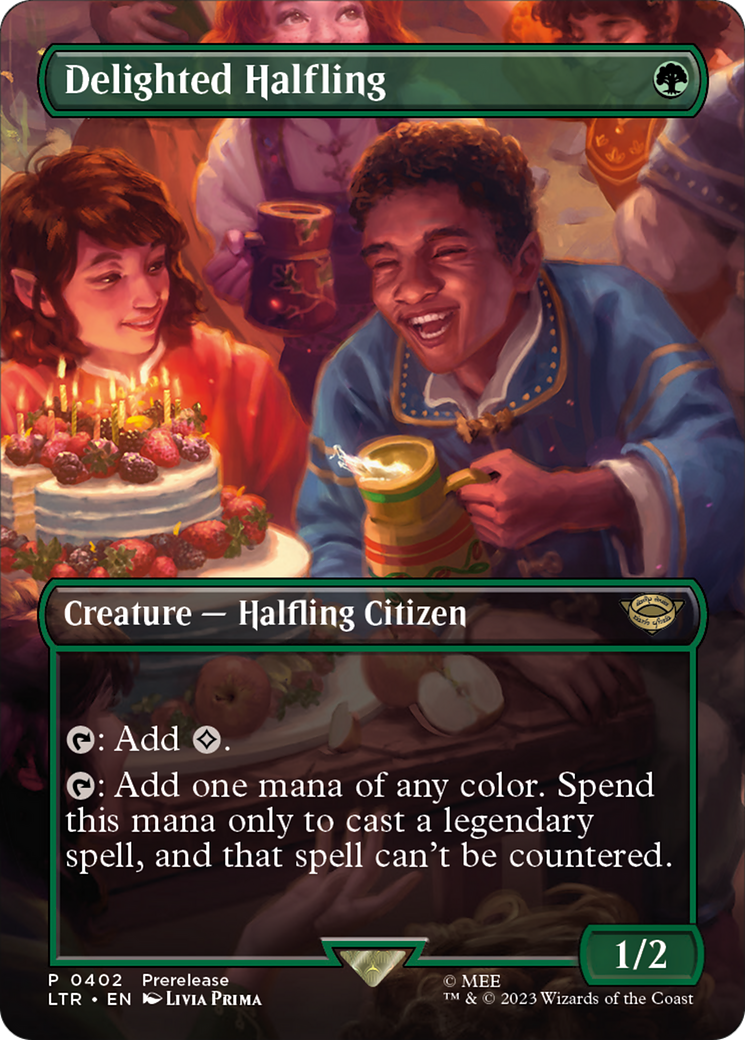 Delighted Halfling (LTR-402) - The Lord of the Rings: Tales of Middle-earth (Borderless) Foil - Premium MTG Single from Wizards of the Coast - Just $4.34! Shop now at Game Crave Tournament Store