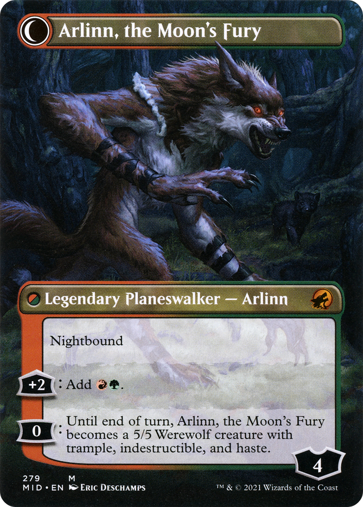 Arlinn, the Pack's Hope // Arlinn, the Moon's Fury (MID-279) - Innistrad: Midnight Hunt: (Double Faced Transform) (Borderless) Foil - Premium MTG Single from Wizards of the Coast - Just $1.42! Shop now at Game Crave Tournament Store